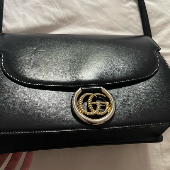 GUCCI Textured Calfskin Medium Torchon GG Ring Shoulder Bag Black - Picture 11 of 12